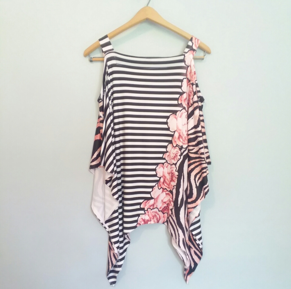 S-12 S-Twelve | Cold Shoulder Striped Blouse Tunic